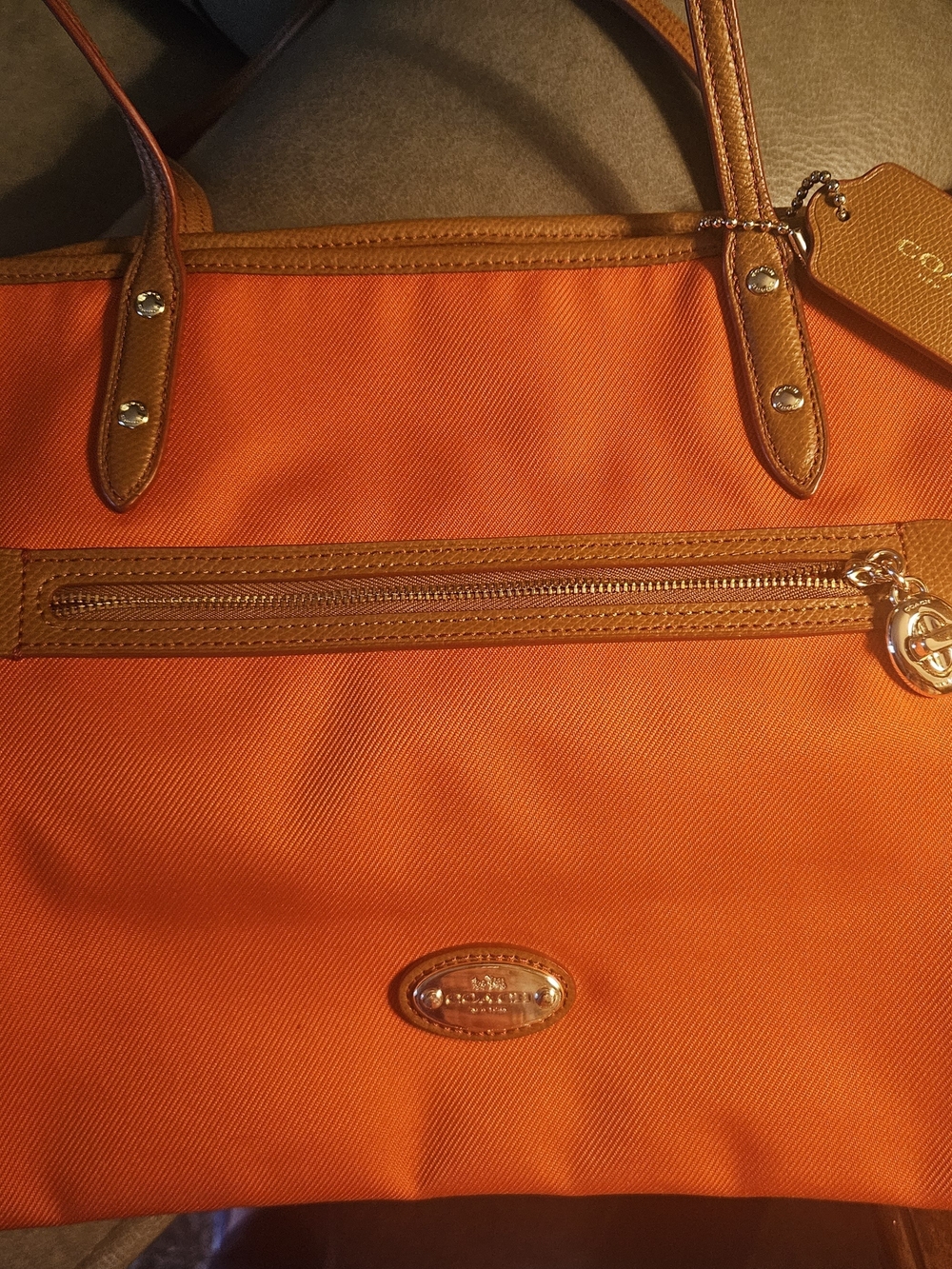 Coach Orange Canvas Tote with Leather Trim